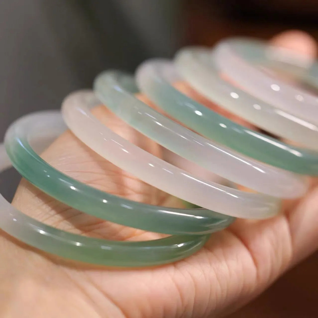 Solid chalcedony bracelet with misty rain pattern in blue-grey, shown in size No. 58.