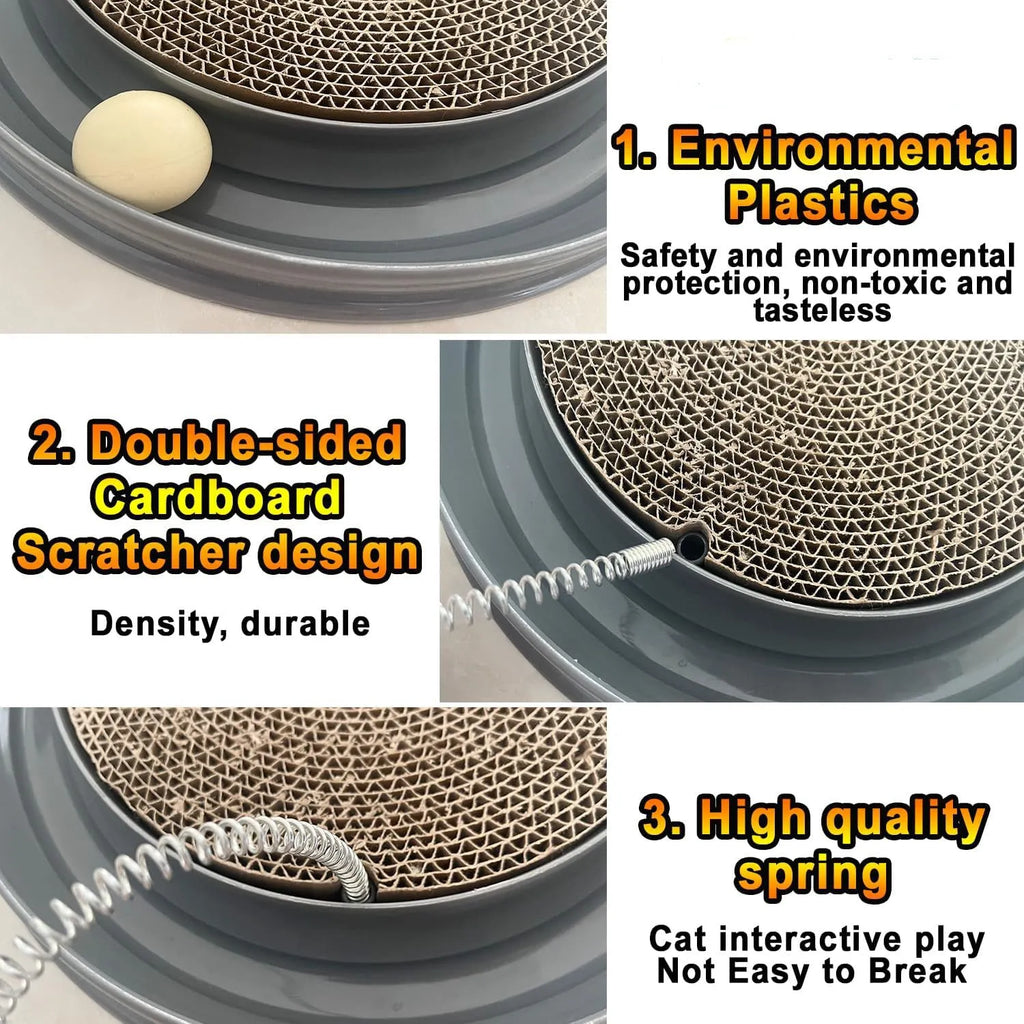 Interactive cat scratcher toy with ball track and replaceable cardboard scratching surface