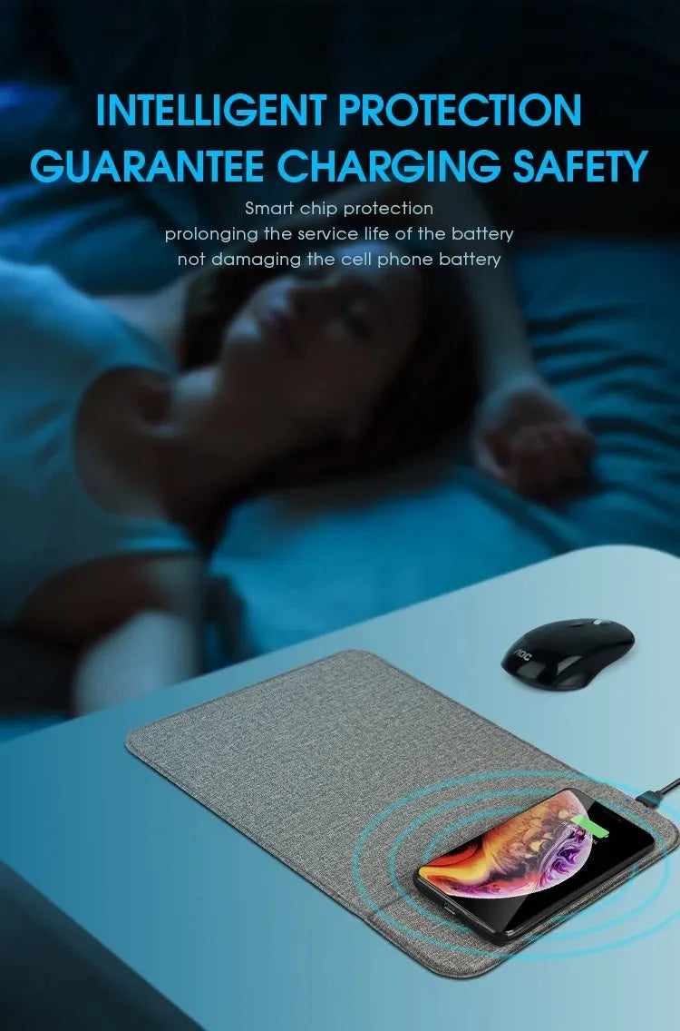 Foldable cloth phone holder with integrated wireless charging pad shown open and closed.