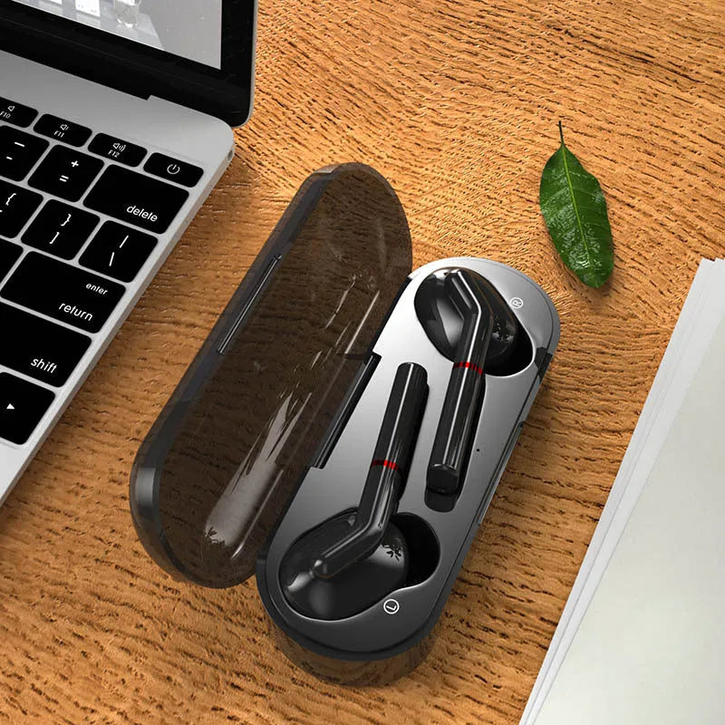 VV1 Black and White Bluetooth Earphones with charging case.