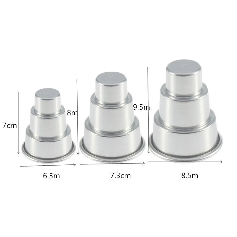 Silver aluminium alloy three-layer cake mould set with large, medium, and small size options for baking