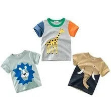 Children's green lion print cotton T-shirt on a hanger, showing crew neck and short sleeves.
