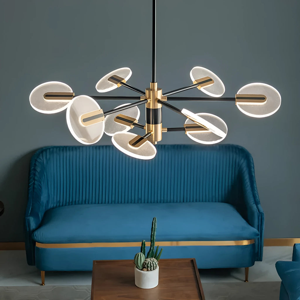 Nordic iron LED pendant chandelier with acrylic elements in 6, 9, or 12-head configurations