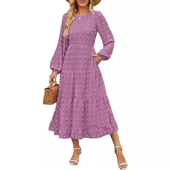Beige long sleeve casual dress with ruffled sleeves and a high waist on a hanger.