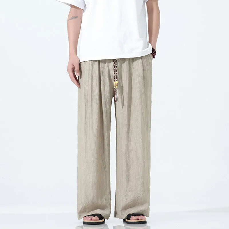 National Style men's straight-leg wide trousers in black, breathable bamboo spandex fabric