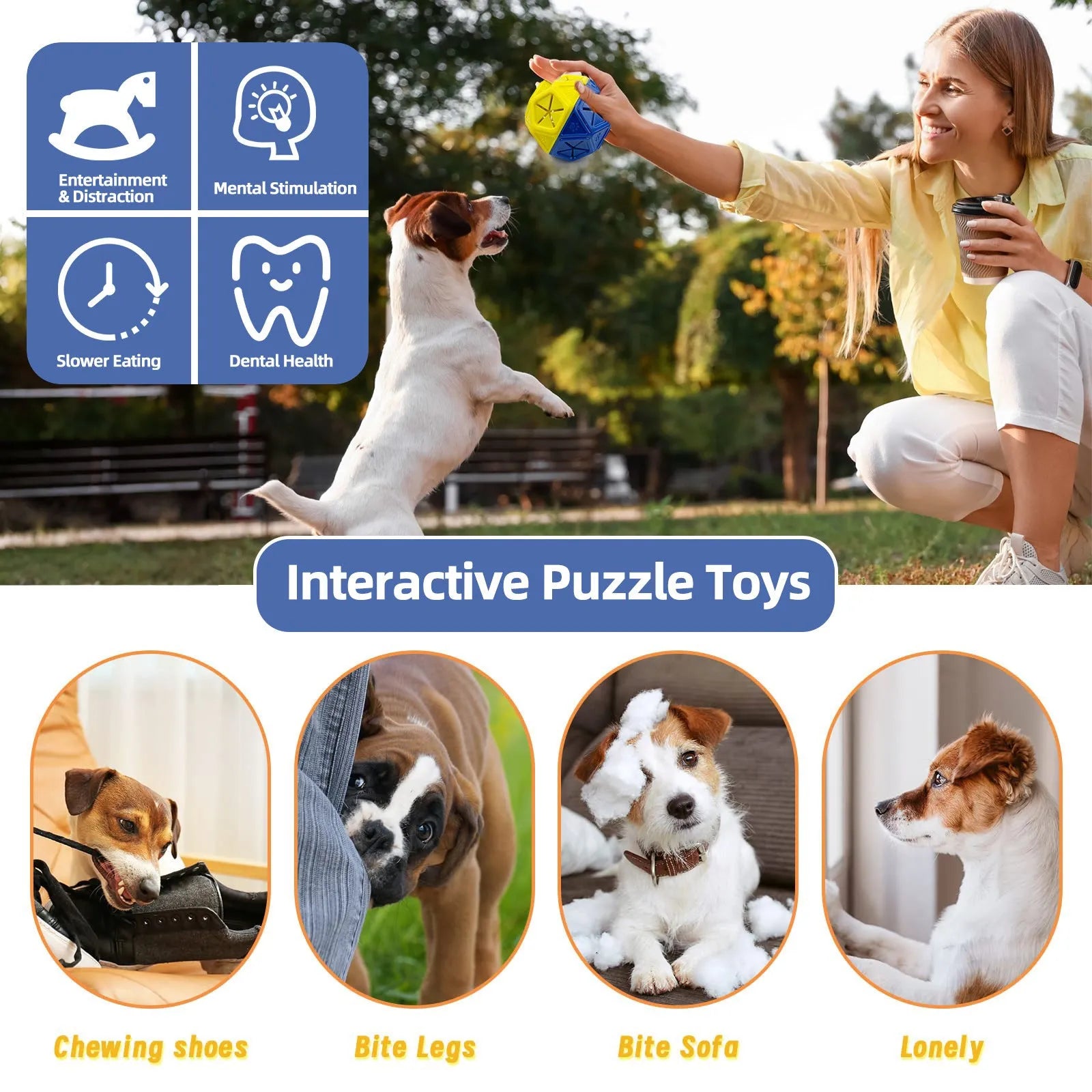 Blue soft rubber hollow dog toy ball for treat dispensing and interactive play.