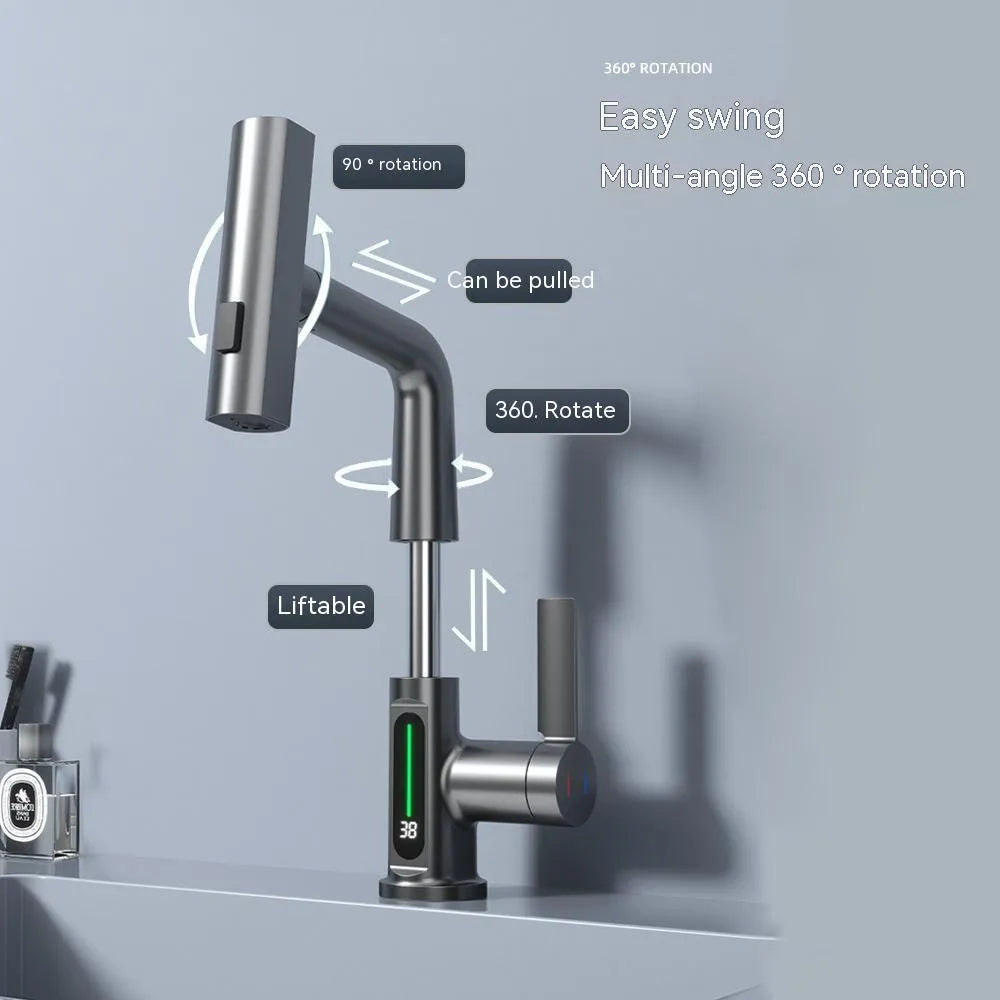 Pull-out kitchen faucet with LED temperature display showing water temperature