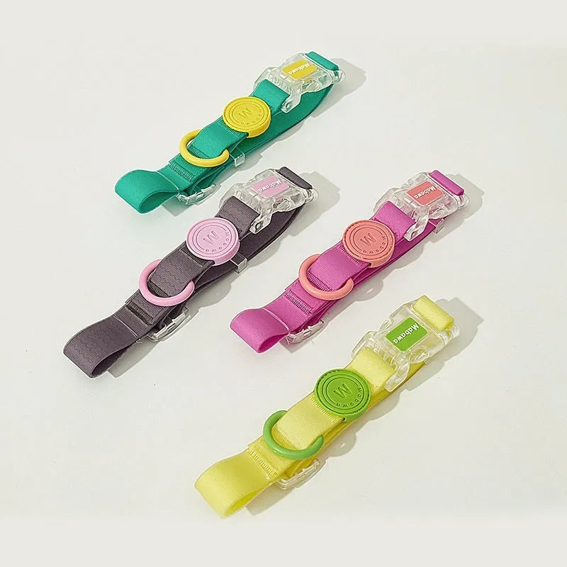 Nylon dog collar and leash set in rose pink, showing clip and length options.