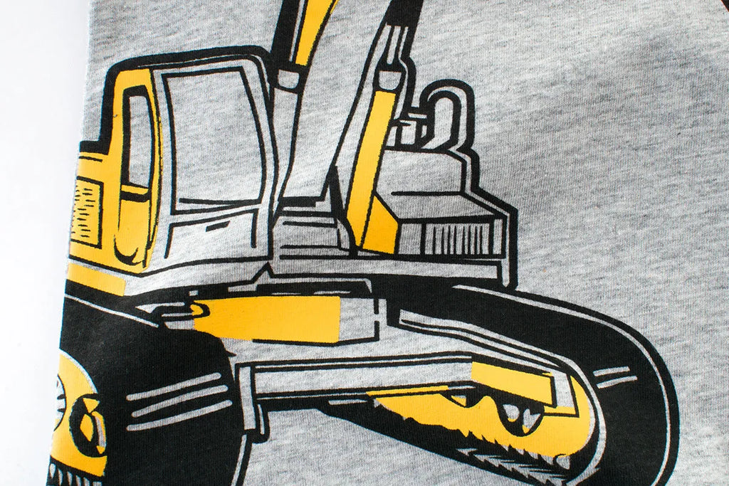 Children's light grey cartoon print cotton t-shirt with short sleeves and a round neck.