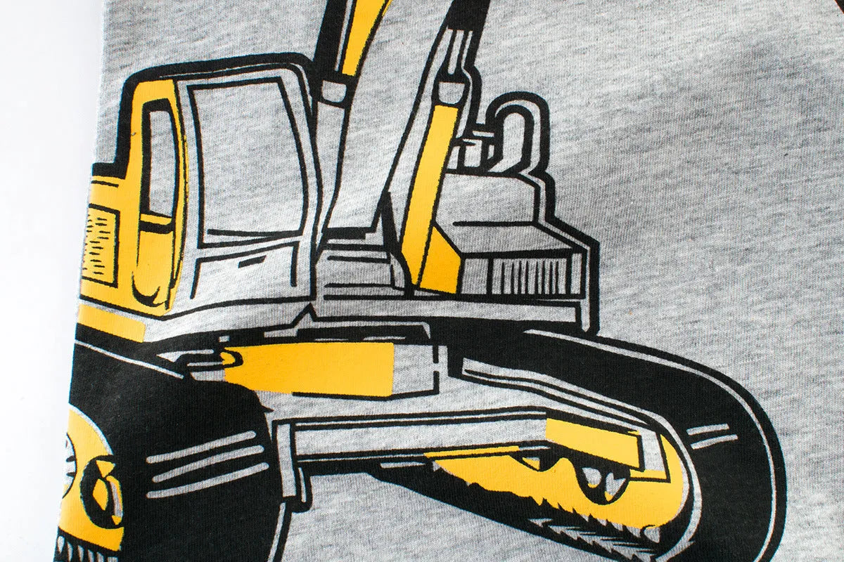Children's light grey cartoon print cotton t-shirt with short sleeves and a round neck.