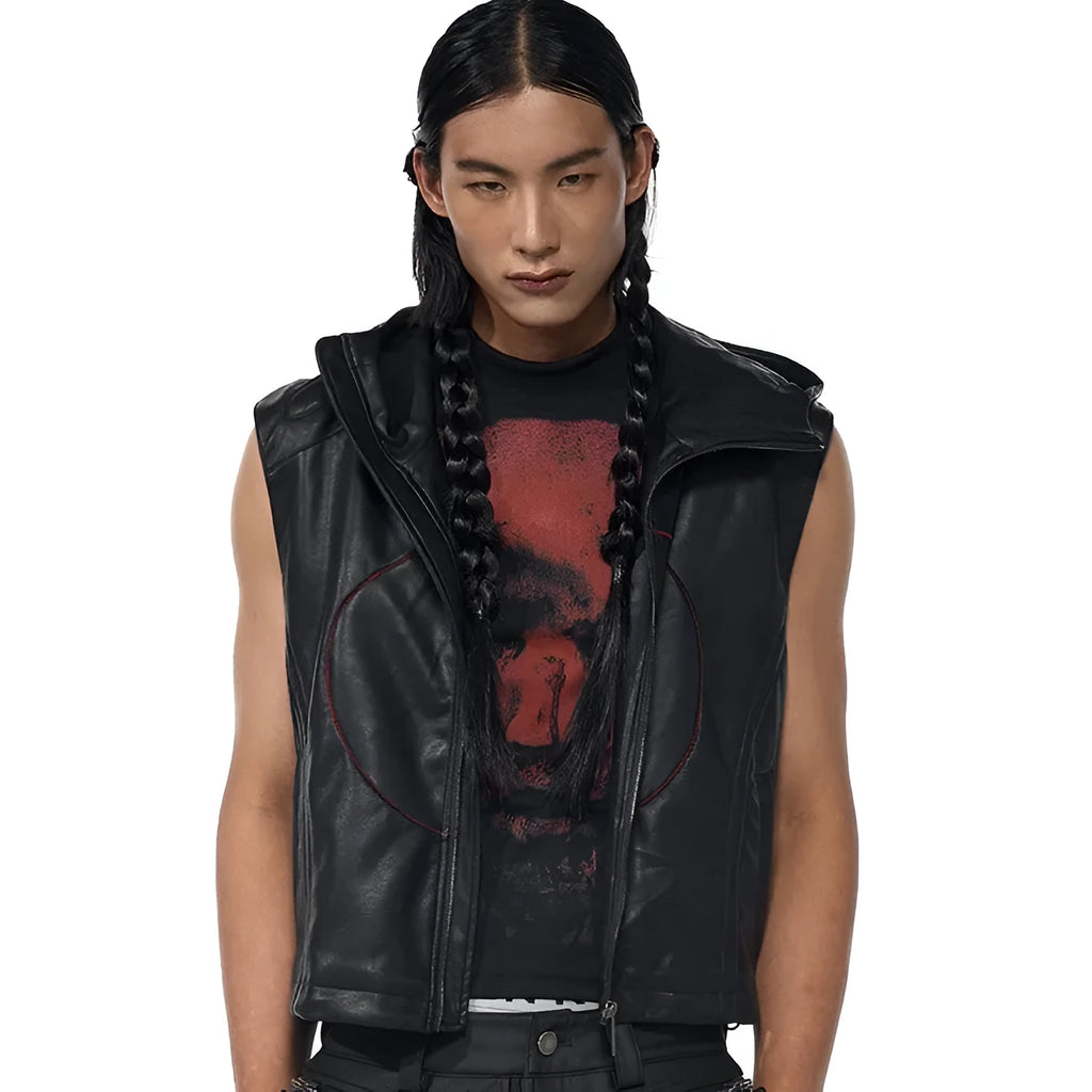 Black men's PU leather waistcoat coat with hooded collar and five-pointed star motifs