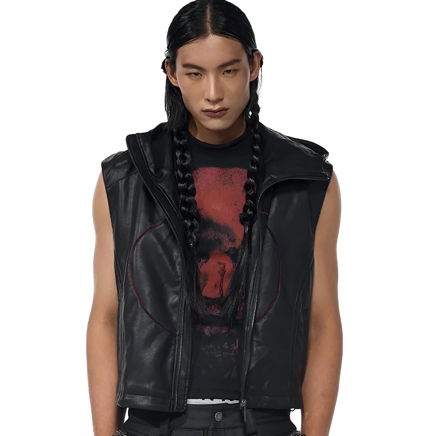 Black men's PU leather waistcoat coat with hooded collar and five-pointed star motifs