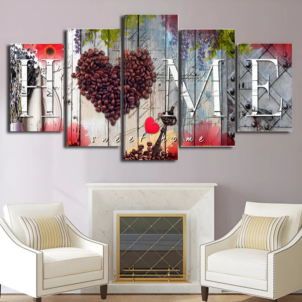 Red decorative wall boards with oil painting finish arranged in modular pattern