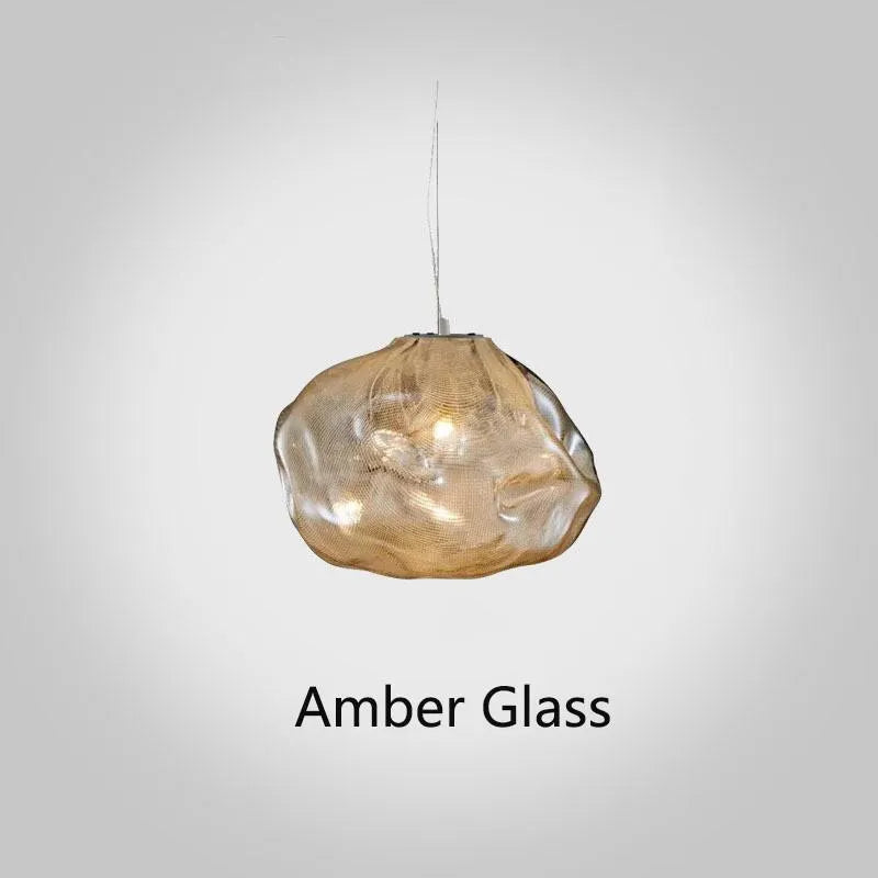 Postmodern glass decorative chandelier with a fabric design, shown in clear and smoke grey light options.