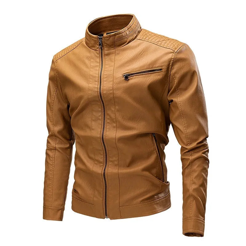 Men's PU leather motorcycle jacket with retro stitching, side pockets, straight hem, in black, brown, khaki, bright yellow