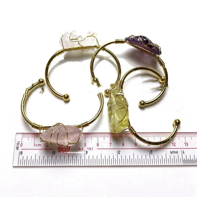 Natural crystal rough stone bracelet with gold winding geometric design and colour mixing variation