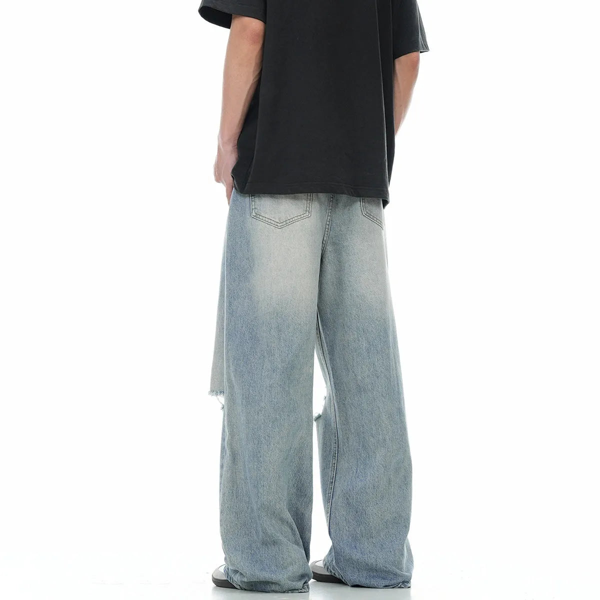 Blue cotton blend straight-leg men's jeans with zipper fly and retro styling