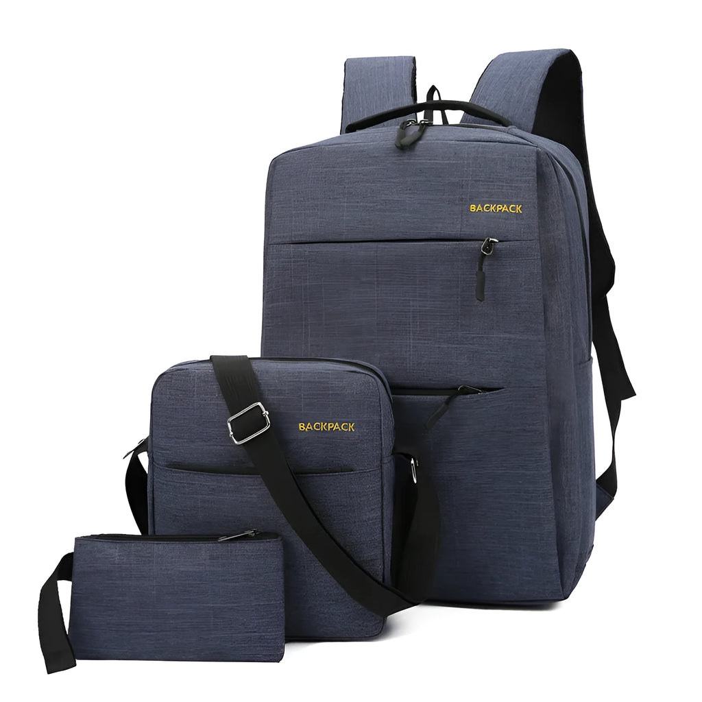 Set of three men's nylon computer bags with USB charging port, shown in black, grey, navy, and wine red colours