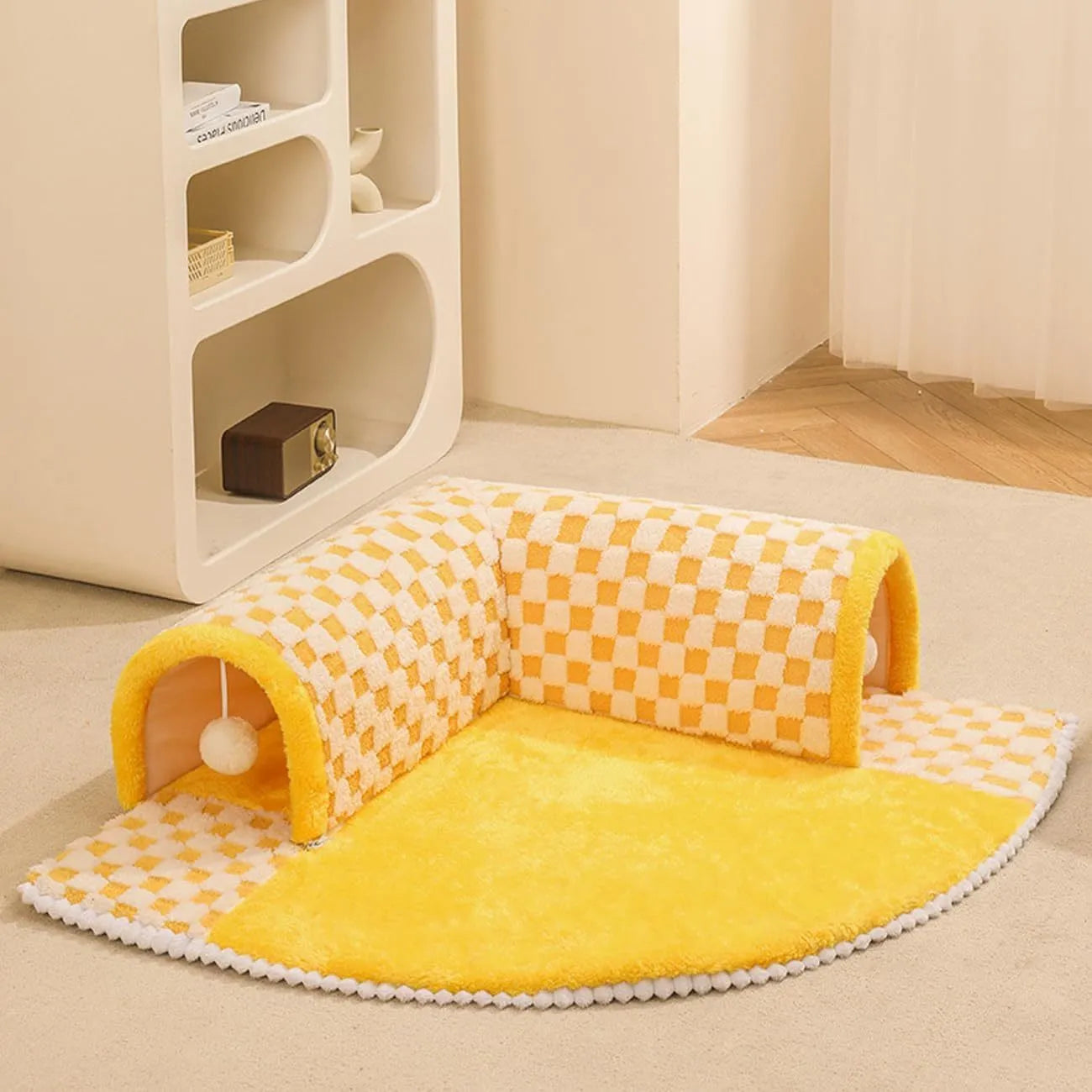 XL fan-shaped plush pet bed tunnel in a plaid pattern, showing a thick mat and tunnel opening.