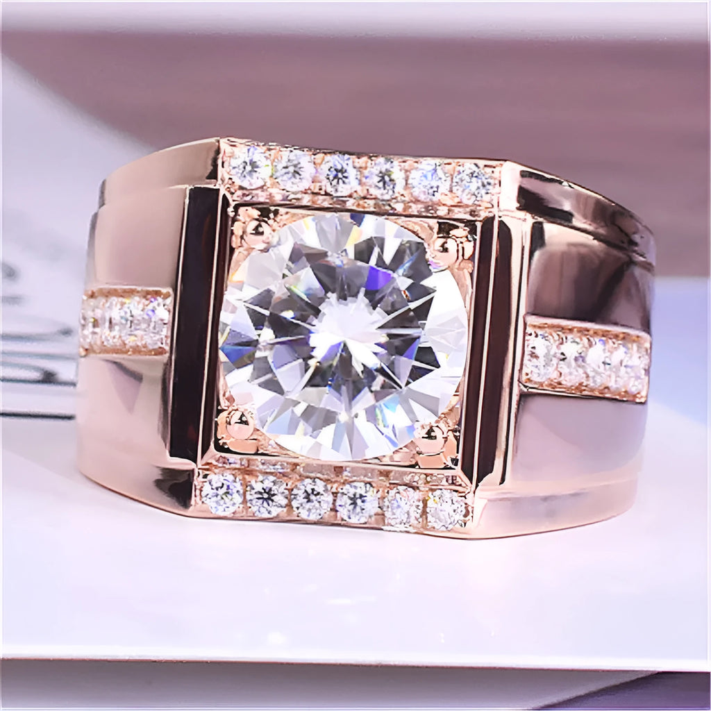 Men's adjustable geometric ring with high carbon zircon stones on a rose gold electroplated band.