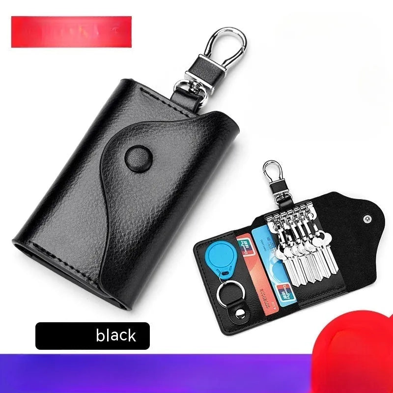 Genuine leather key case in square vertical Korean style with key mapping, shown in black.
