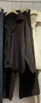 Acrylic imitation cashmere sweater suit two-piece set with collared top and trousers in beige.