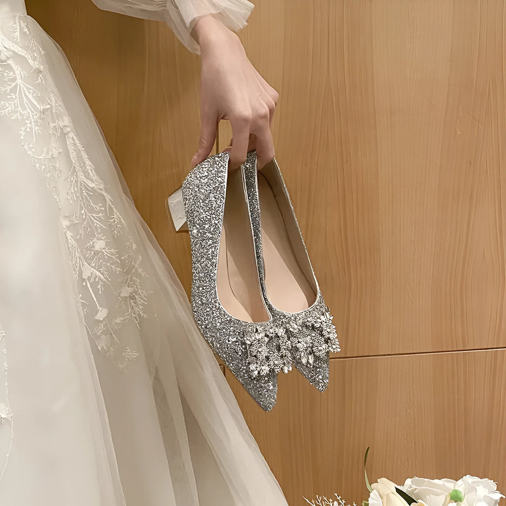 Silver French style mid heel pumps with square buckle, pointed toe, and short stout heel on a clean background