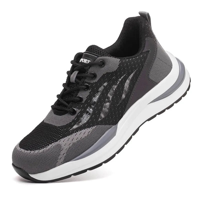 Men's black and grey anti-smash electrician safety shoes with plastic toe and lace-up closure