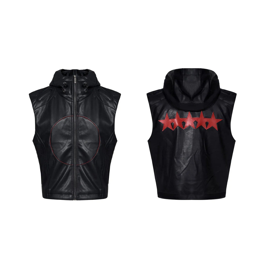 Black men's PU leather waistcoat coat with hooded collar and five-pointed star motifs