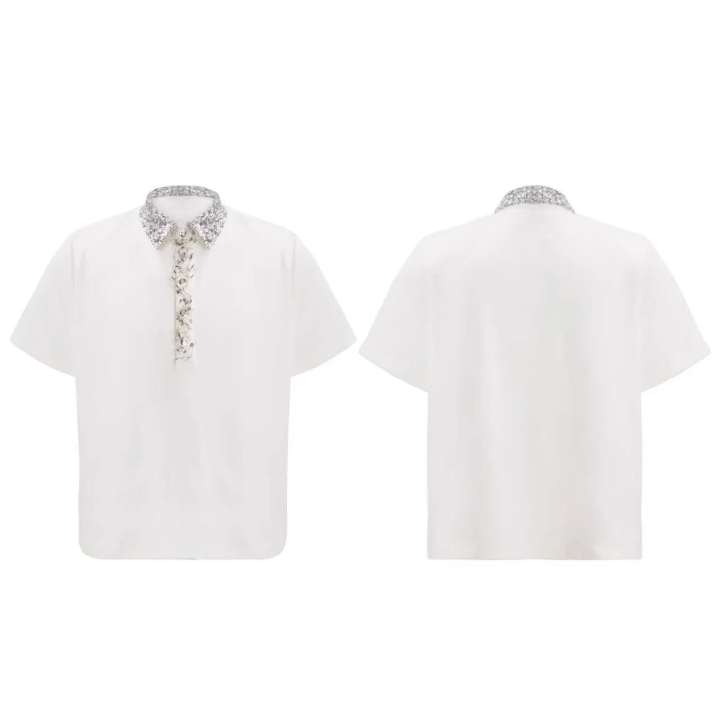 Men's loose fit polyester polo shirt with embroidery sequins and square collar in black, grey or white