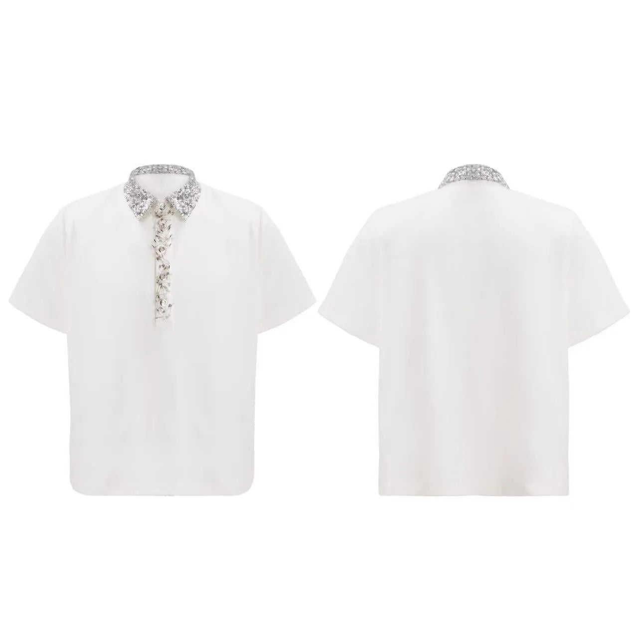 Men's loose fit polyester polo shirt with embroidery sequins and square collar in black, grey or white