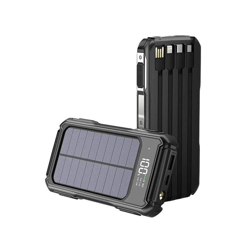 Black military grade portable power bank showing size comparison with a mobile phone.