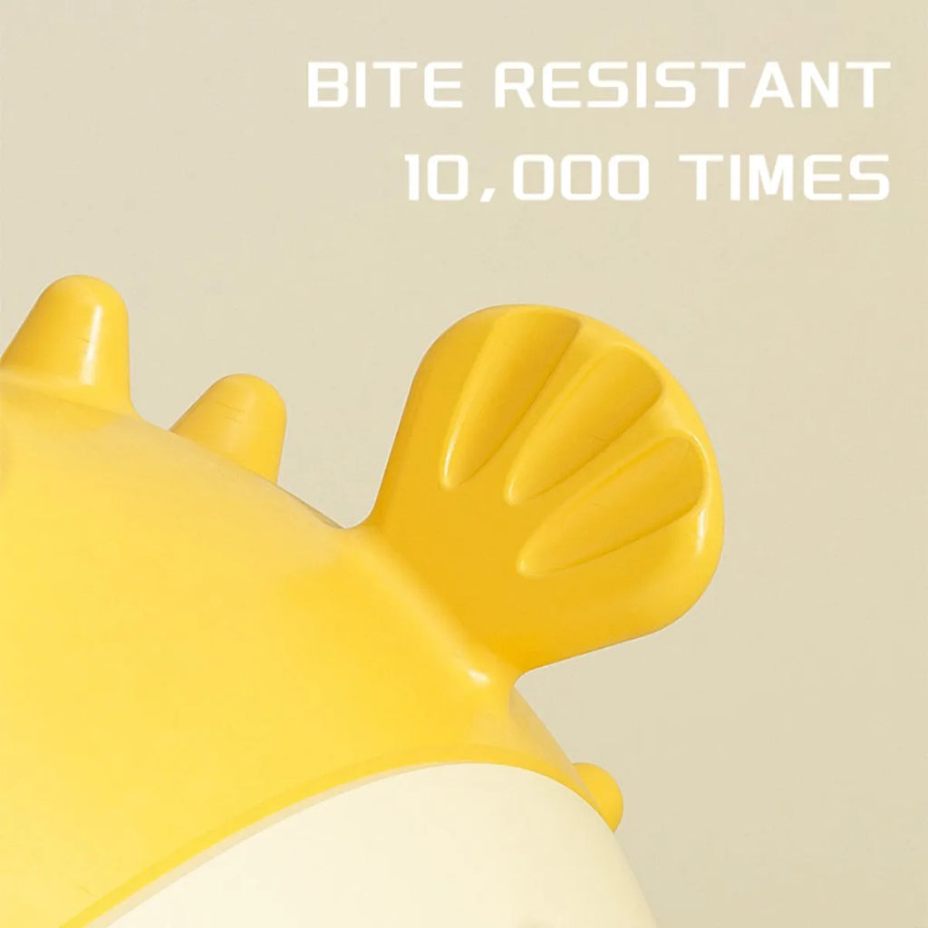 Yellow durable fish-shaped dog chew toy with textured surface for aggressive chewers.
