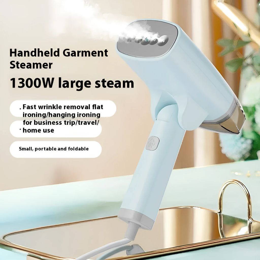 Blue or white handheld garment steamer with power cord and steam nozzle, showing compact size.