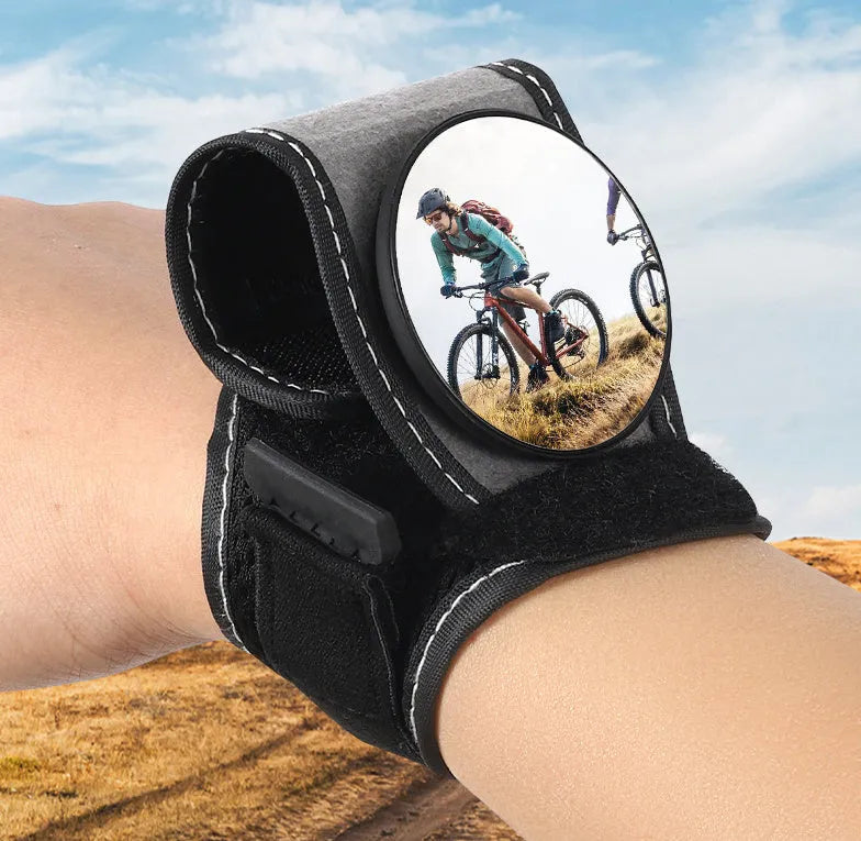 Black nylon bicycle rear-view mirror with wrist-style handlebar mount for cycling safety