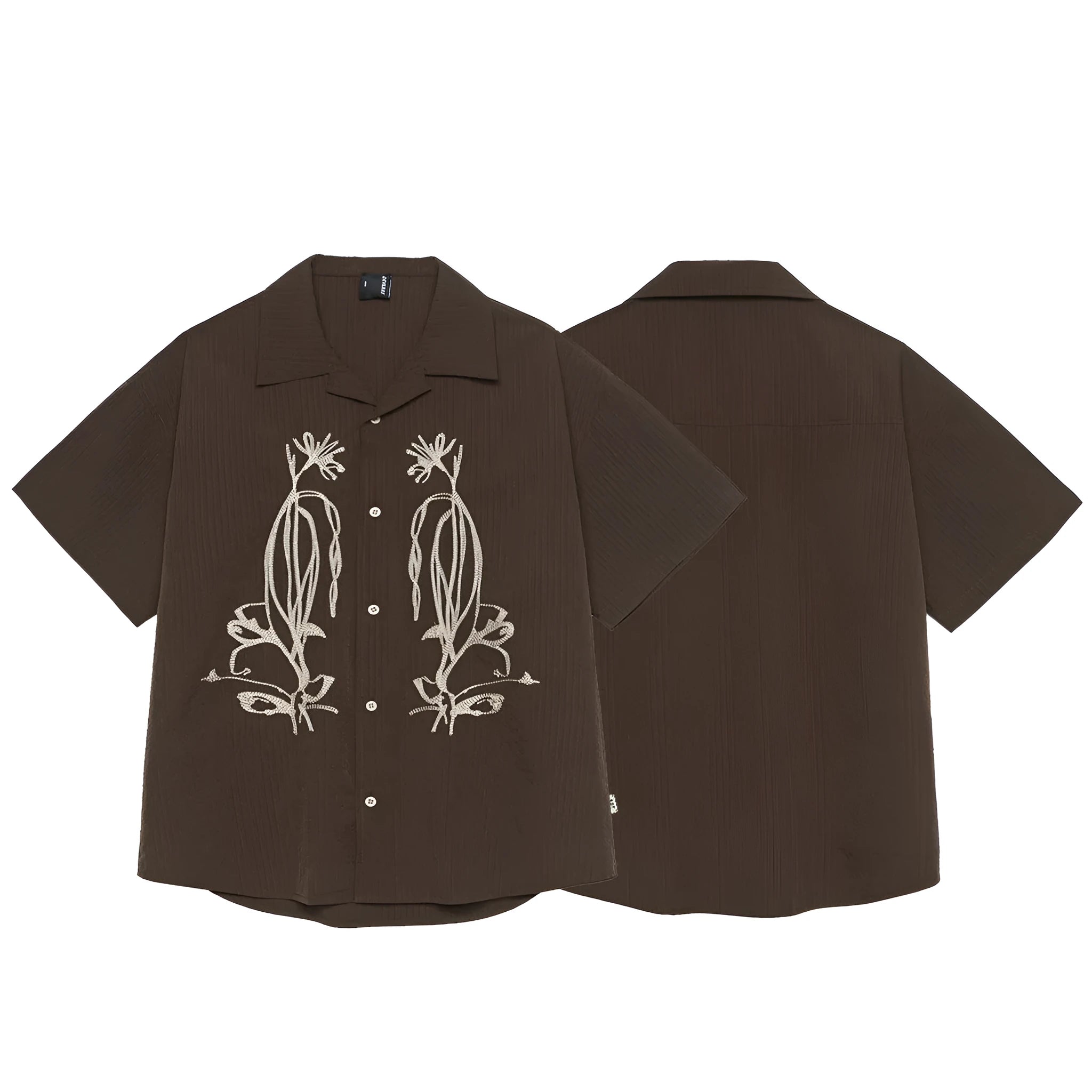 Brown stripe polyester outdoor shirt with Cuban collar and short sleeves for camping