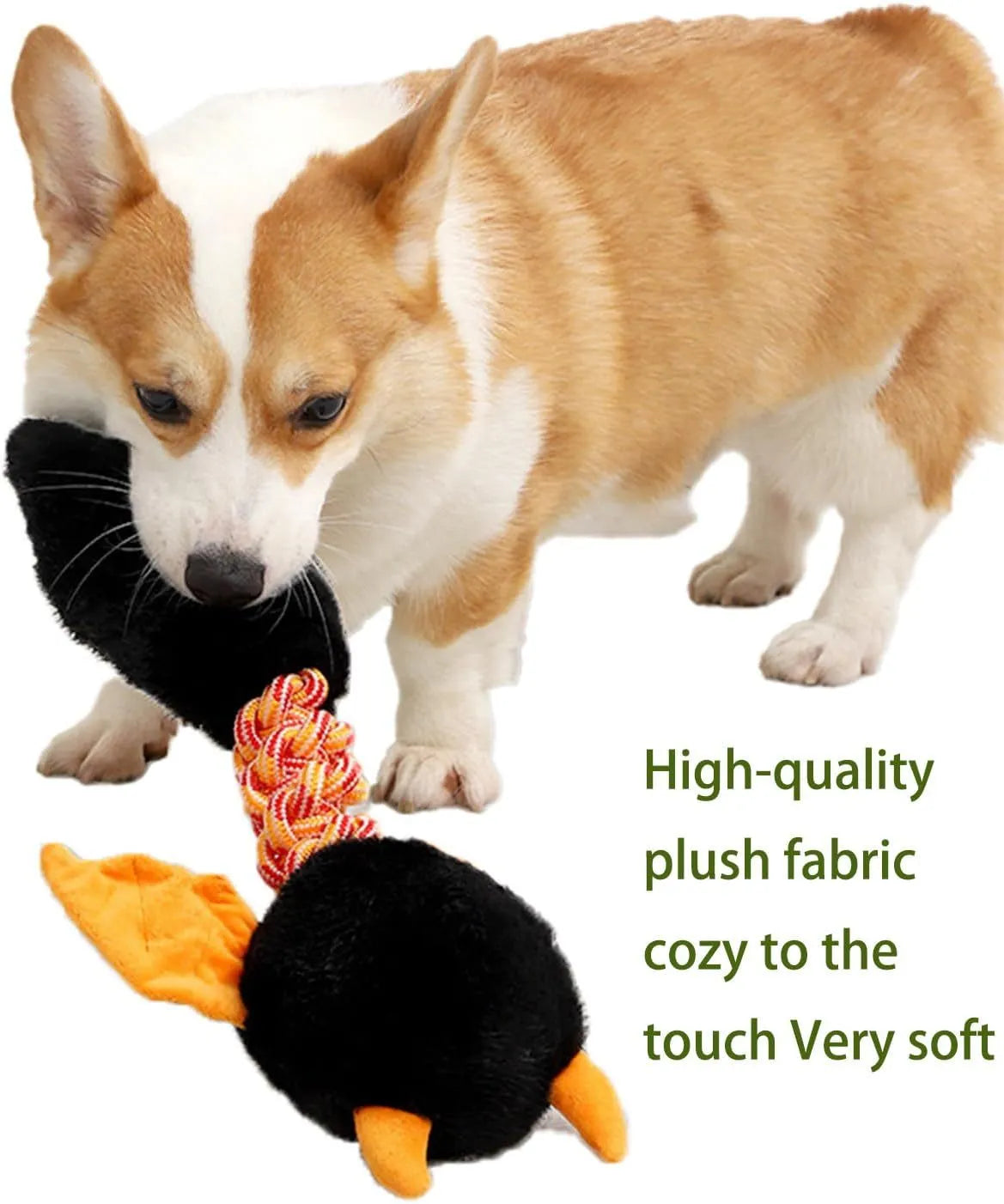 Plush cartoon dog toy with rope knot, shown in assorted colours for large dogs.