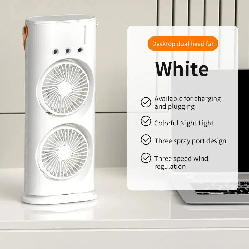 White portable humidifier fan with two spray heads, remote control, and coloured LED lights on a desk.