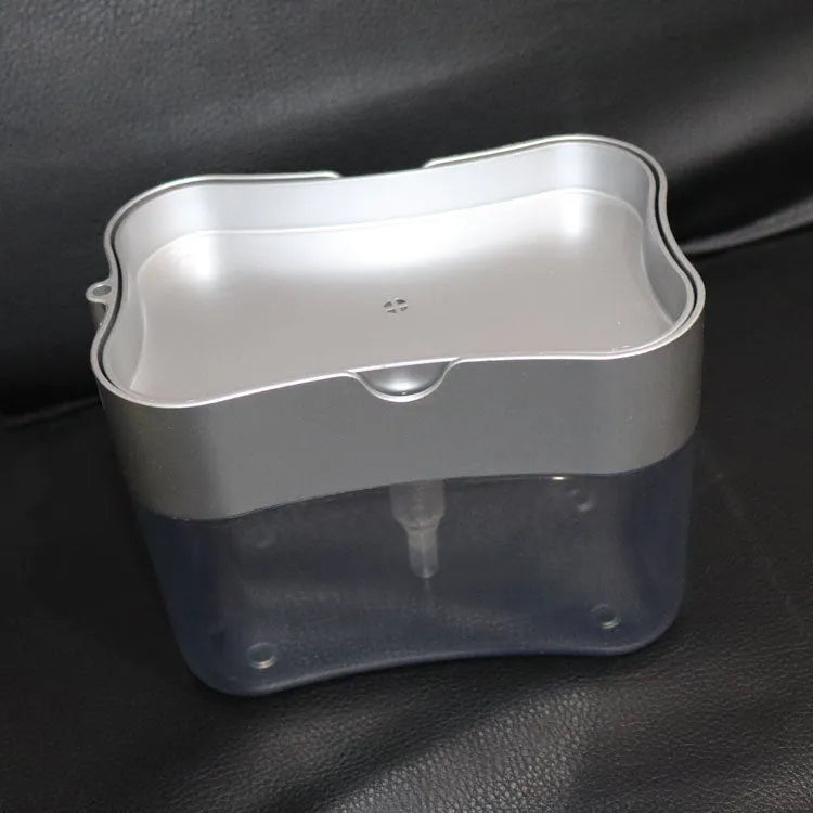 Grey plastic kitchen soap dispenser with push-action mechanism measuring 14.5cm wide