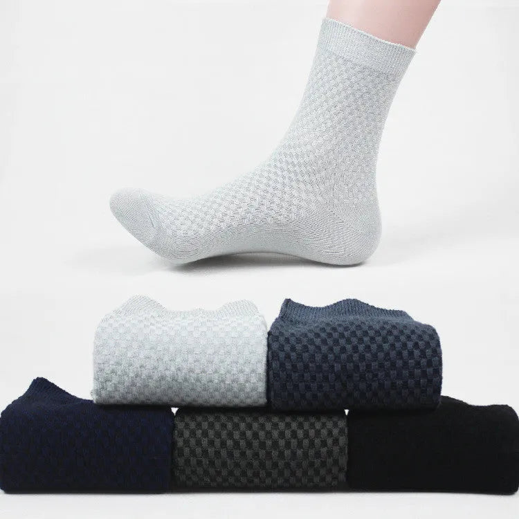 Men's bamboo fibre business socks with a small square pattern in grey blue colour