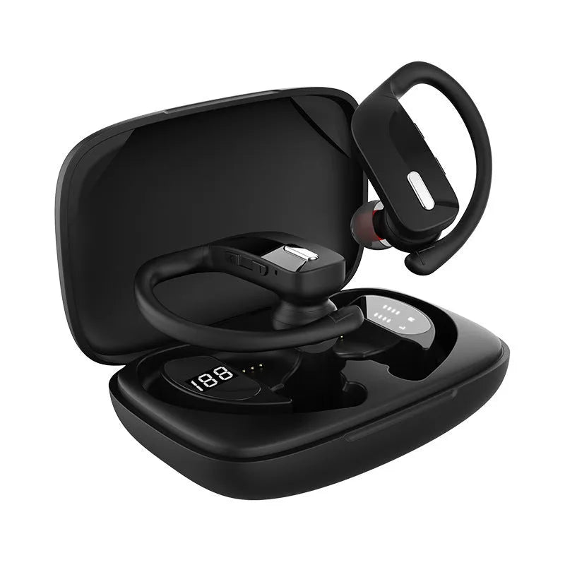 Black wireless Bluetooth headset with over-ear design and a small LED digital display on the side.