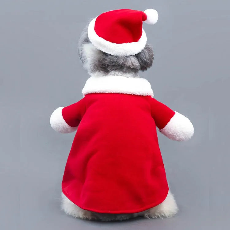 Red Santa Claus pet costume made from stretchable polar fleece fabric for dogs and cats
