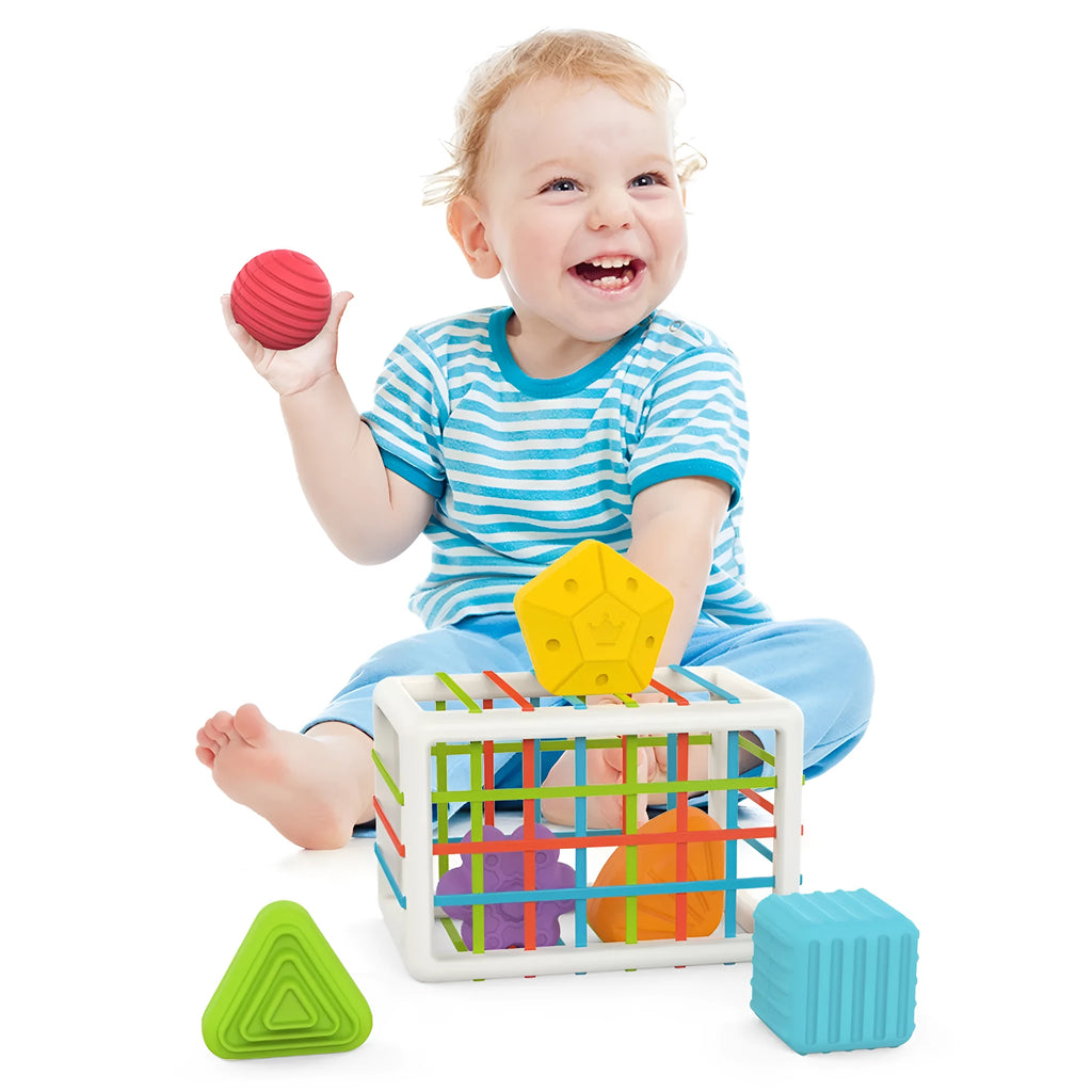 Set of six plastic rainbow shape blocks for toddler fine motor training with elastic rope