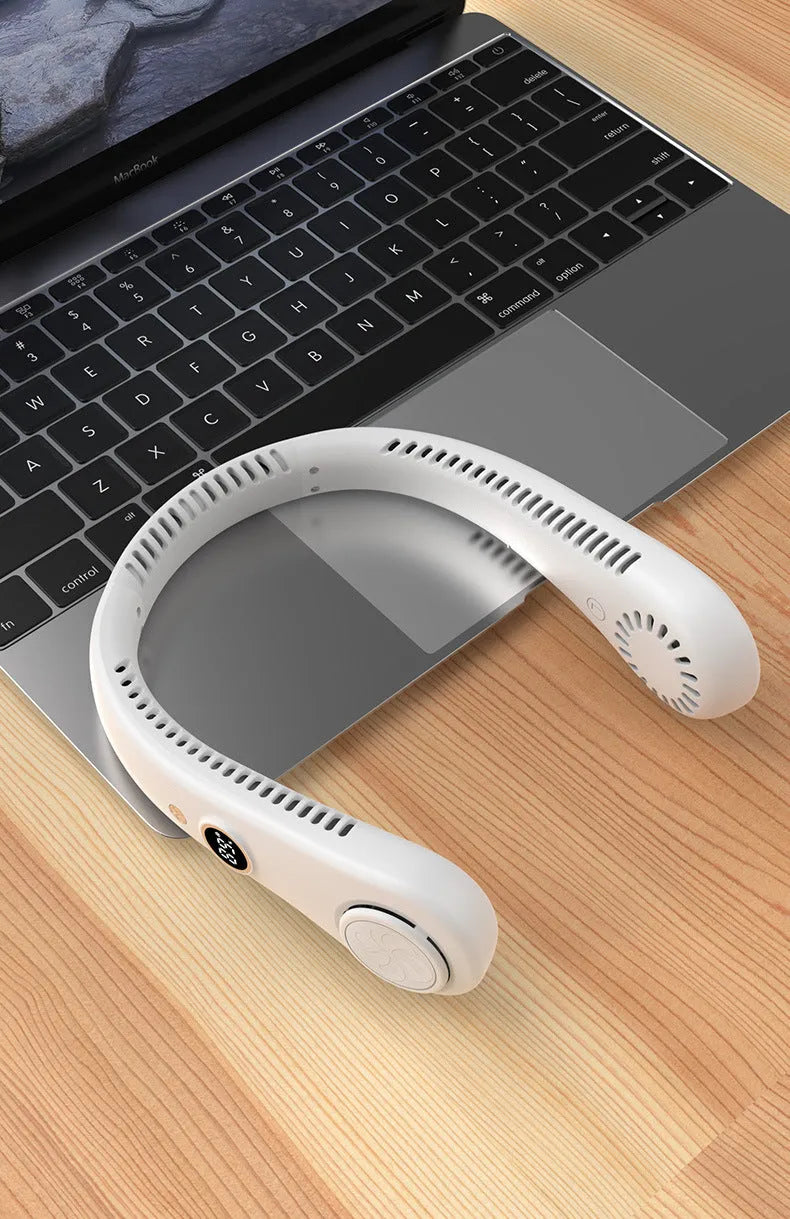 Blue USB charging portable bladeless neck fan showing ergonomic neckband design