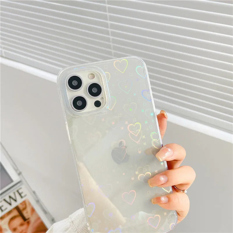 Transparent silicone iPhone case with a laser colourful love heart and butterfly pattern design.