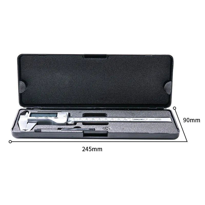Deli stainless steel digital vernier caliper on a workshop bench showing 0.01mm resolution display.