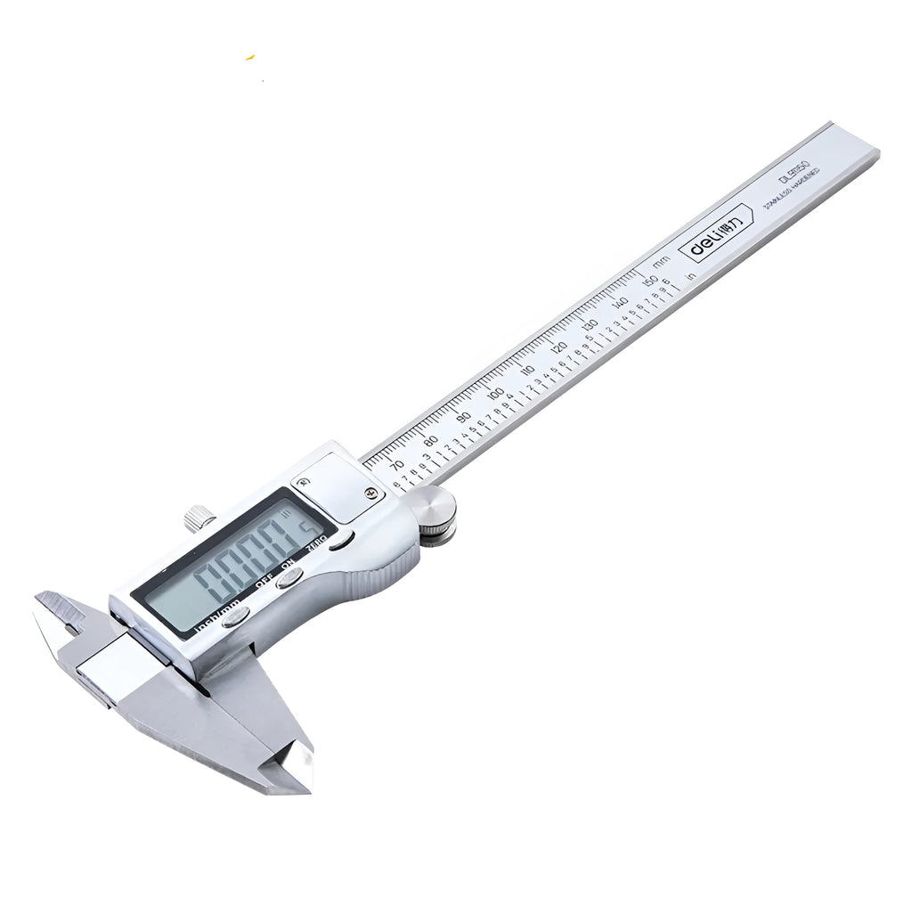 Deli stainless steel digital vernier caliper on a workshop bench showing 0.01mm resolution display.