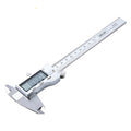 Deli stainless steel digital vernier caliper on a workshop bench showing 0.01mm resolution display.