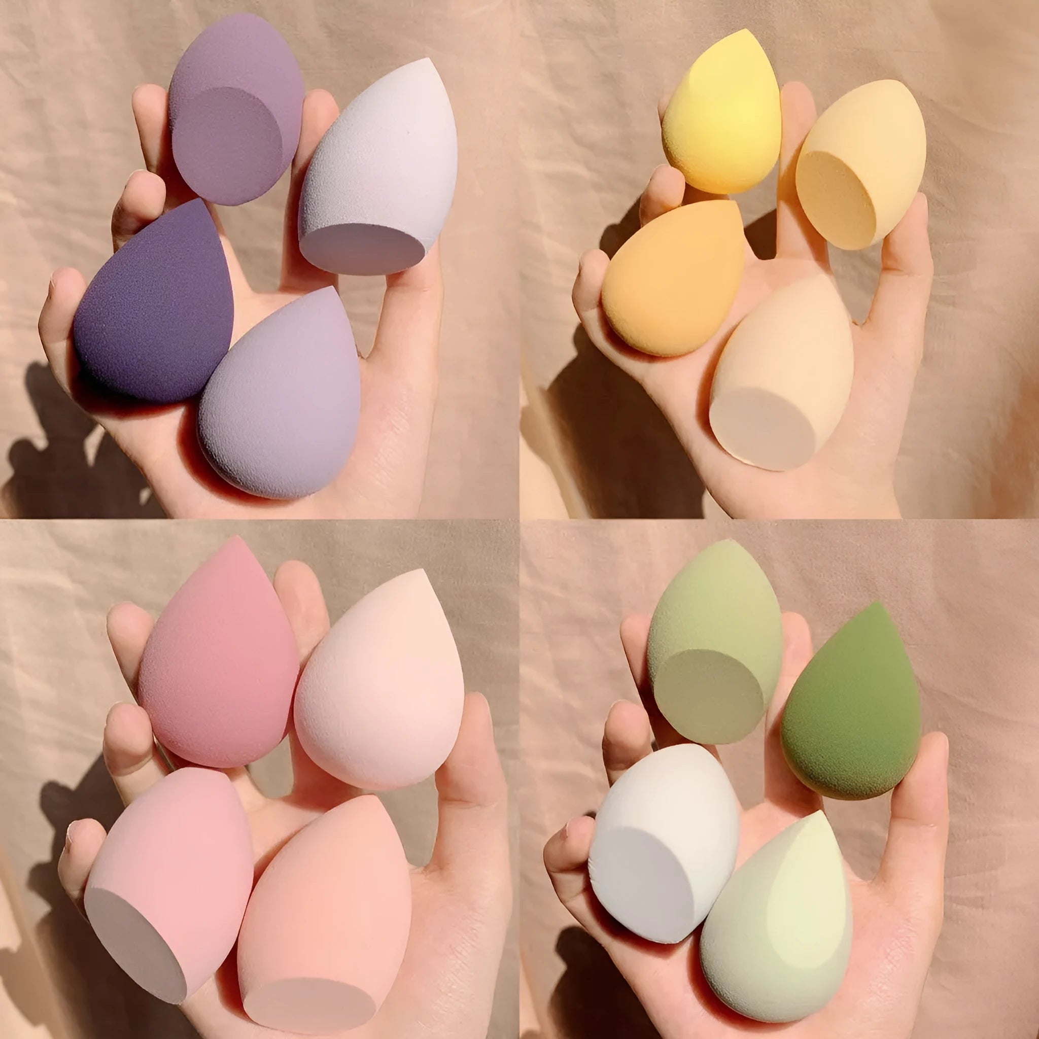 Set of four 6cm makeup blending sponge eggs in grape, mango, mint, and peach peach colours