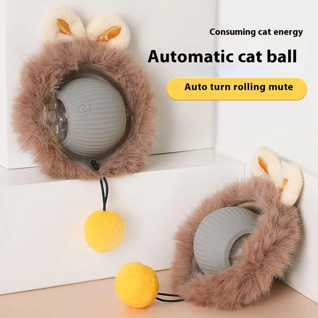 Automatic rolling ball pet toy with string in grey, green, or red colours